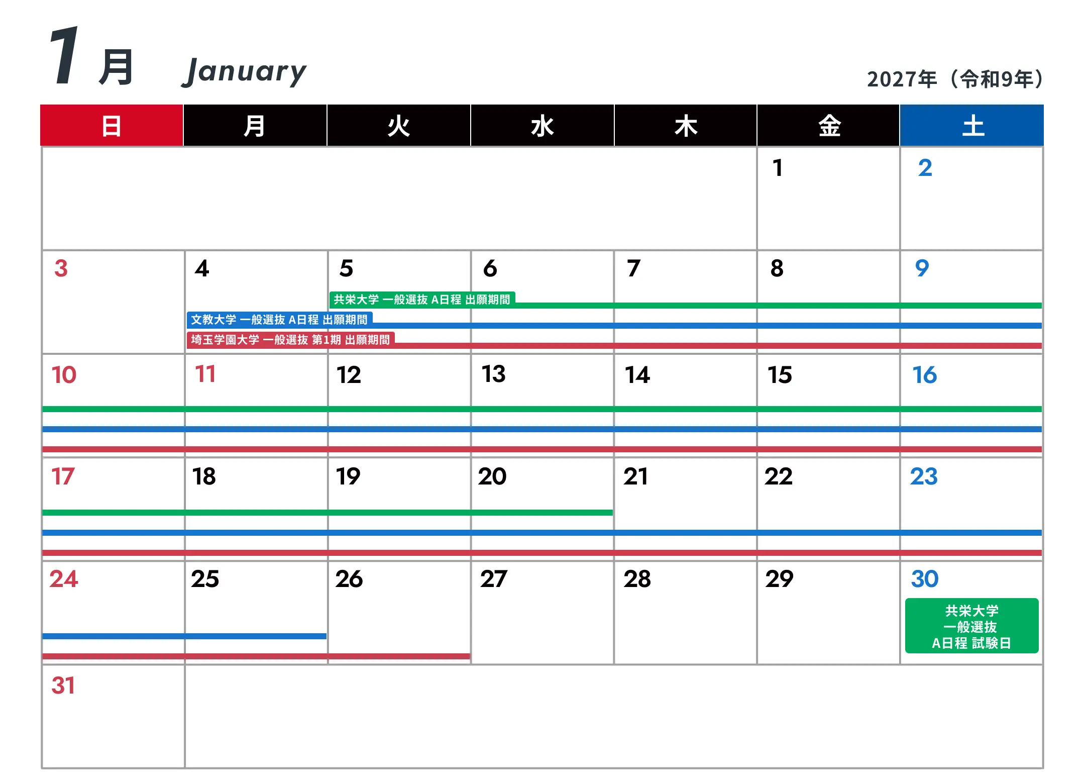2027年1月の入試スケジュール（共栄大学・文教大学・埼玉学園大学の出願期間と試験日）