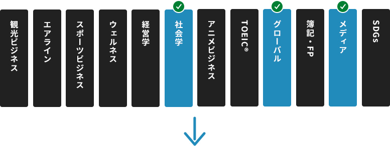 観光ビジネス エアライン スポーツビジネス ウェルネス 経営学 社会学 コンテンツビジネス TOEIC グローバル 簿記・FP メディア SDGsの中から、メディア・グローバル・社会学を選択