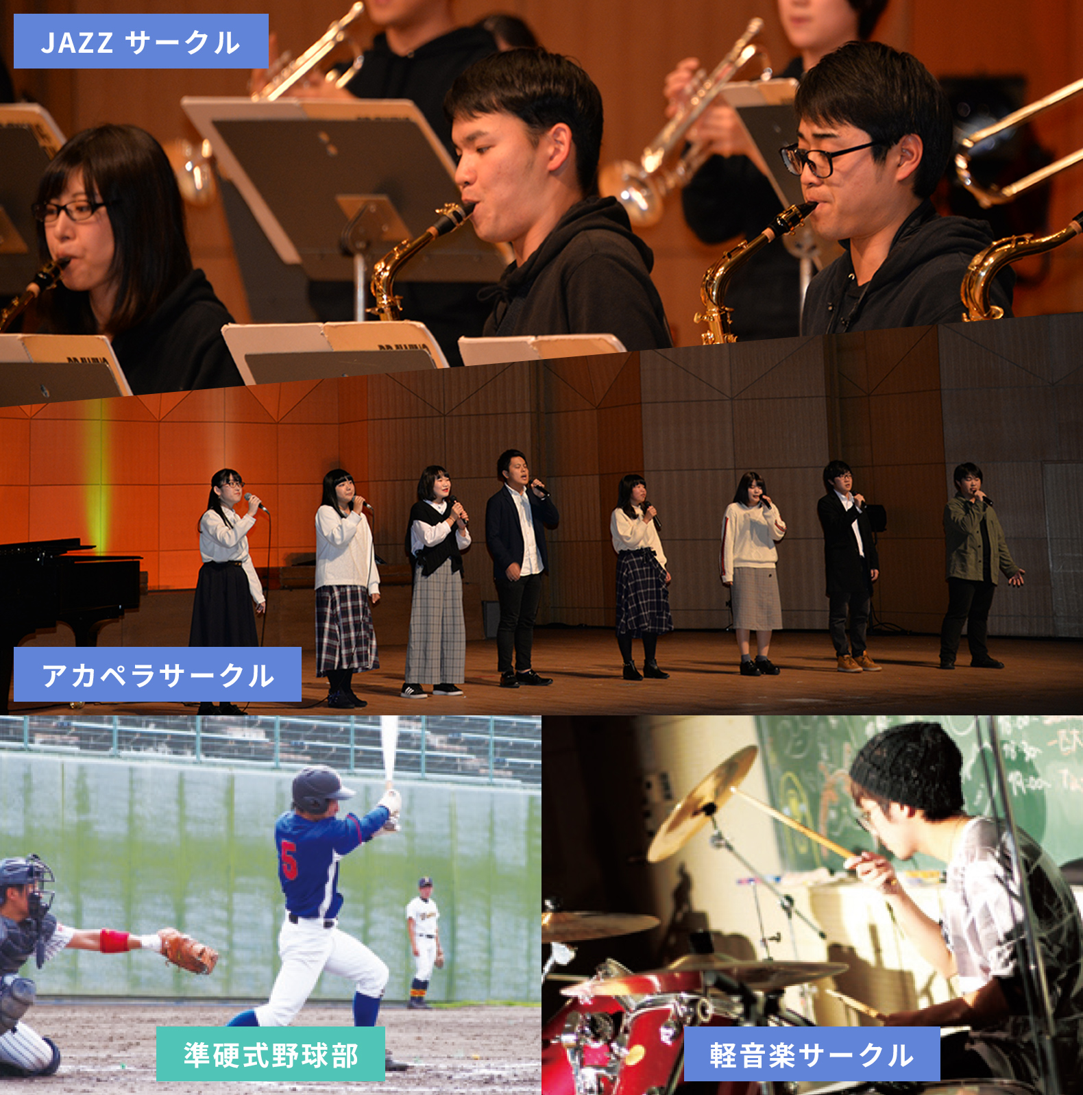 JAZZ サークル アカペラサークル 軟式野球愛好会 軽音楽サークル